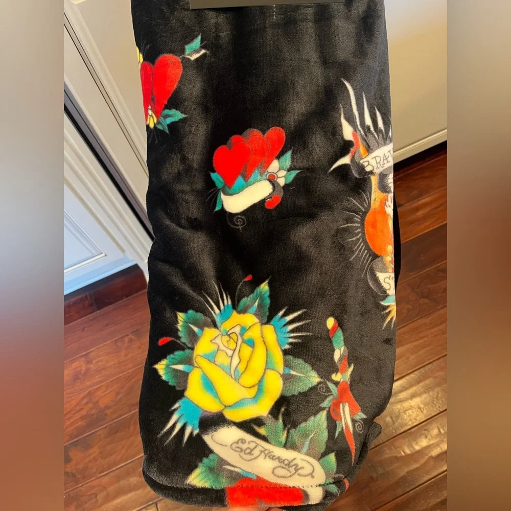 Ed Hardy Black Throw Blanket with Roses Yellow and Red Tattoo Designs